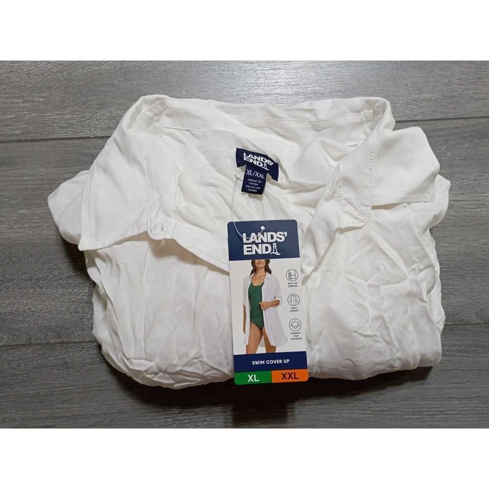 Lands' End Swim Cover Up Adult XL/2XL White Button-Up Beach Tunic Womens